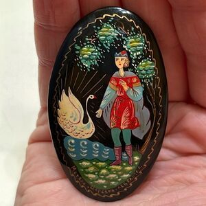 Vintage Soviet Russian Hand painted Black oval wooden  brooch prince swan pin